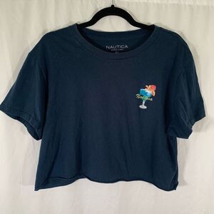 Nautica Crop Top Women's XL Navy Blue Coctail Happy Hour Short Sleeve